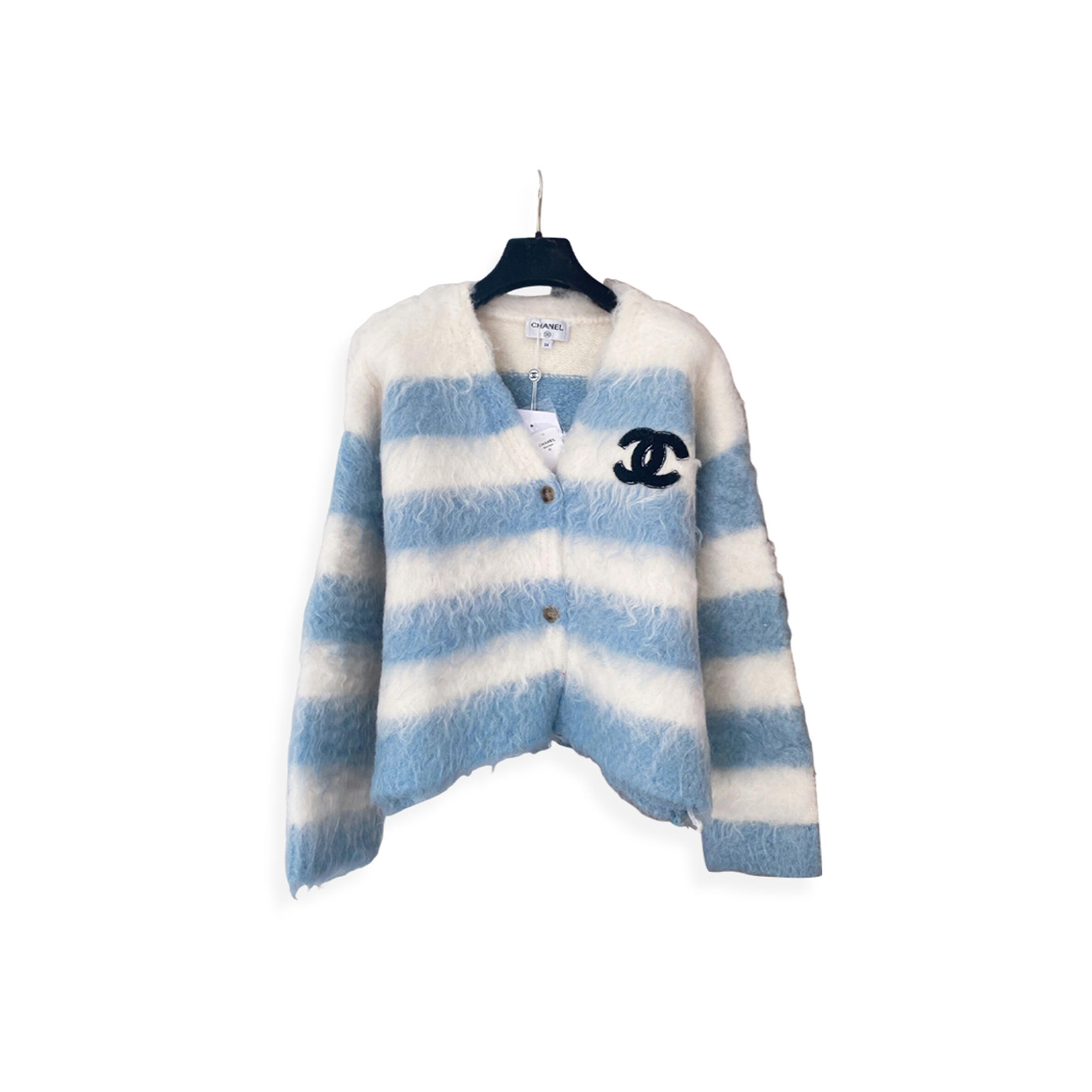 Ch**el mohair v-neck color-blocked striped long-sleeved cardigan